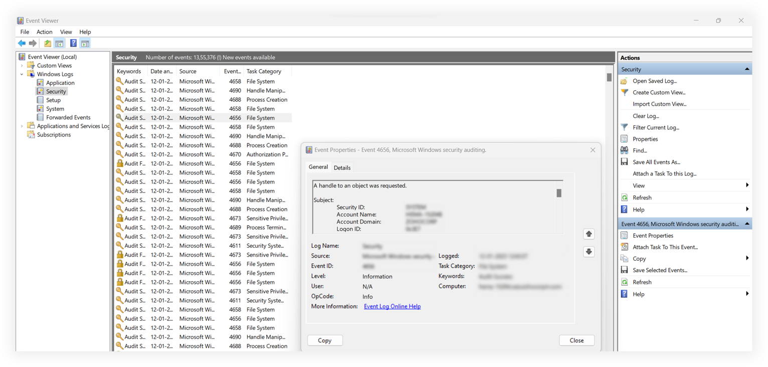 A screenshot of the Microsoft Windows Event Viewer