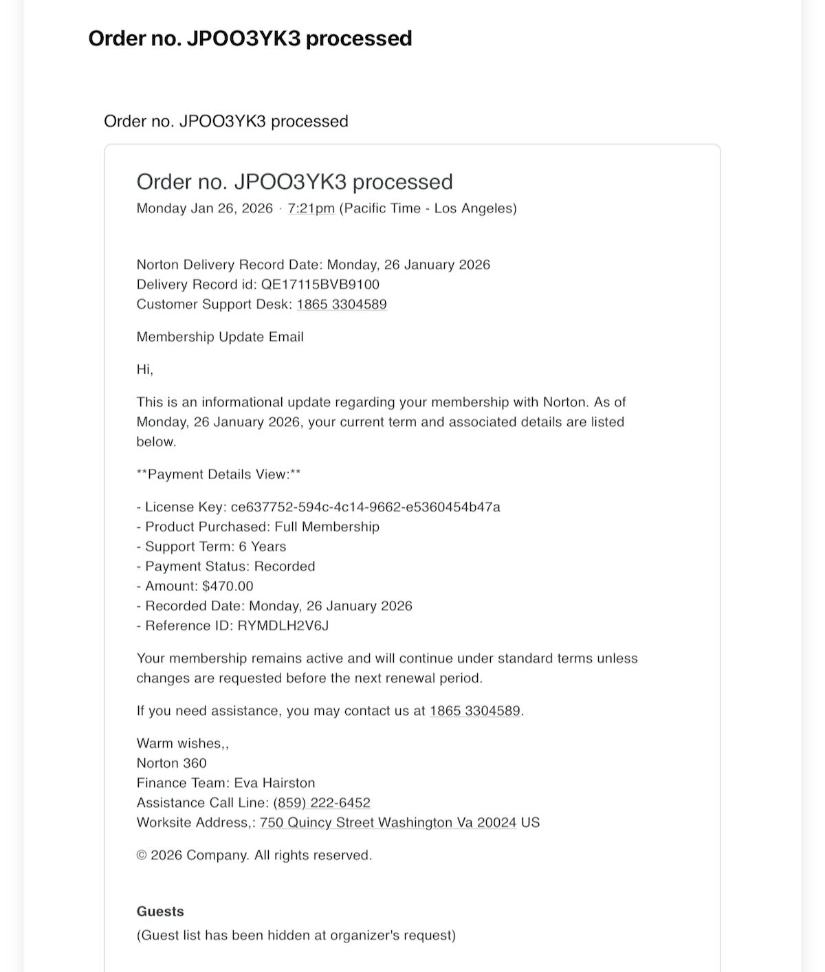 An email from another scammer claiming to be with Norton Anti-virus